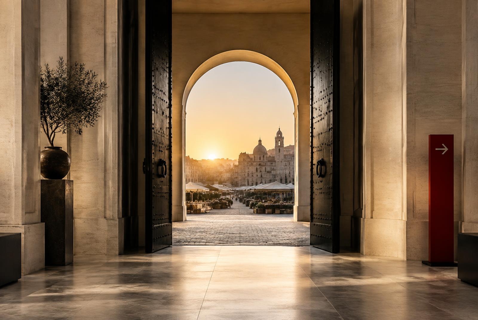 An architectural threshold opening into a wider market